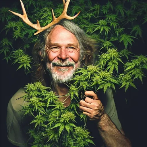Prompt: intoxicated lazy older hippie wearing twigs and leaves and antlers smiling sheepishly in a field of cannabis plants, highly detailed, dramatic lighting, night time, cinematic, sci - fi, hyperrealistic, detailed