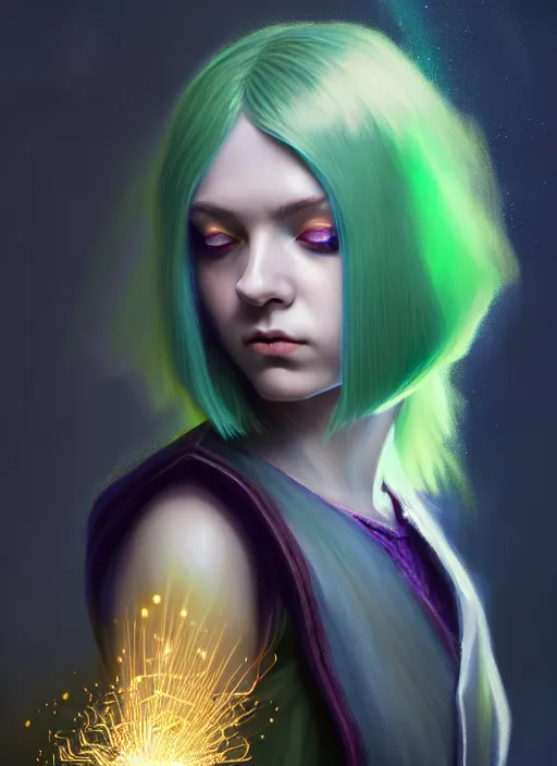 Image similar to Portrait of young female sorcerer, D&D fantasy, her hair is green and styled in a Bob Cut, magic particles flutter in the air, she has a distant expression, and is wearing a shirt and vest, intricate, highly detailed, digital painting, artstation, concept art, sharp focus, illustration, art by greg rutkowski and Ross Tran