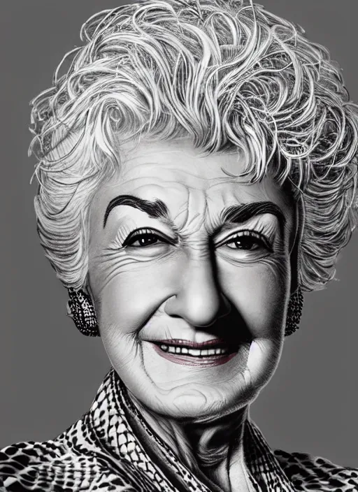 Image similar to highly detailed portrait of bea arthur, pen and ink illustration by simon bisley, global illumination, radiant light, detailed and intricate environment