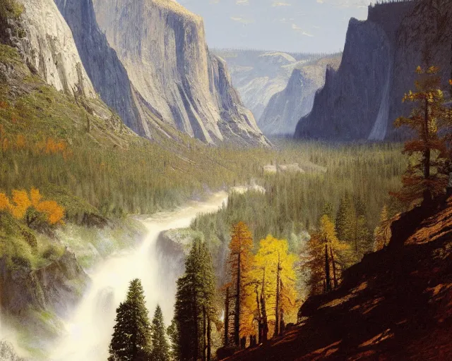 Image similar to albert Bierstadt painting looking down Yosemite valley by yoji shinkawa very beautiful 4k