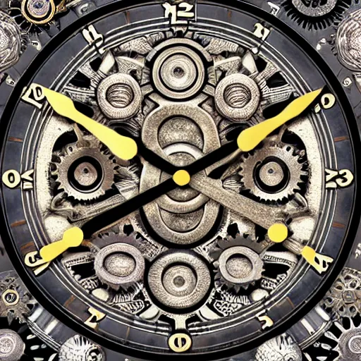 Image similar to a close up of a clock with many gears, a flemish baroque by takashi murakami, behance, kinetic art, steampunk, skeuomorphic, made of liquid metal a microscopic photo by ernst haeckel, zbrush central, kinetic pointillism, intricate patterns, photoillustration