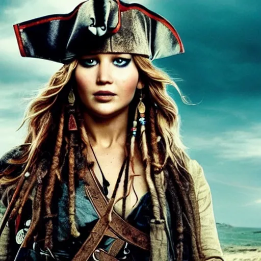 Image similar to still of Jennifer Lawrence as Captain Sparrow in Pirates of the Caribbean remake 2029