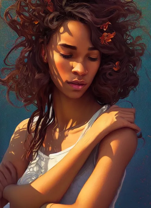 Image similar to handsome young black women with shoulder length brown hair, half body shot, path traced, highly detailed, high quality, digital painting, alena aenami, lilia alvarado, shinji aramaki, karol bak, alphonse mucha, tom bagshaw