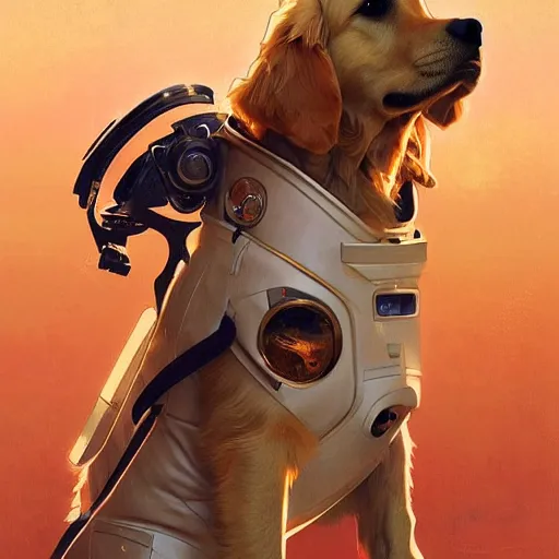 Image similar to a golden retriever in a space suit, highly detailed, digital painting, artstation, concept art, sharp focus, illustration, art by greg rutkowski and alphonse mucha