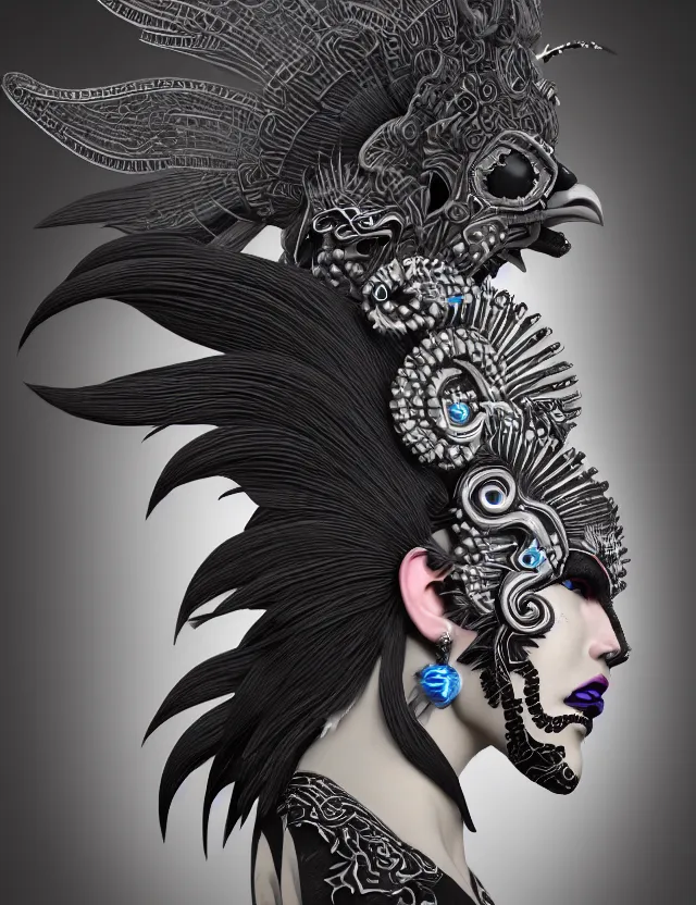 Image similar to 3 d goddess close - up profile portrait punk with mohawk with ram skull. beautiful intricately detailed japanese crow kitsune mask and clasical japanese kimono. betta fish, jellyfish phoenix, bio luminescent, plasma, ice, water, wind, creature, artwork by tooth wu and wlop and beeple and greg rutkowski