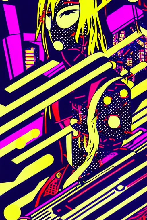 Image similar to futuristic japanese cyberpunk by roy lichtenstein, by andy warhol, ben - day dots, pop art, bladerunner, pixiv contest winner, cyberpunk style, cyberpunk color scheme, mechanical, high resolution, hd, intricate detail, fine detail, 8 k