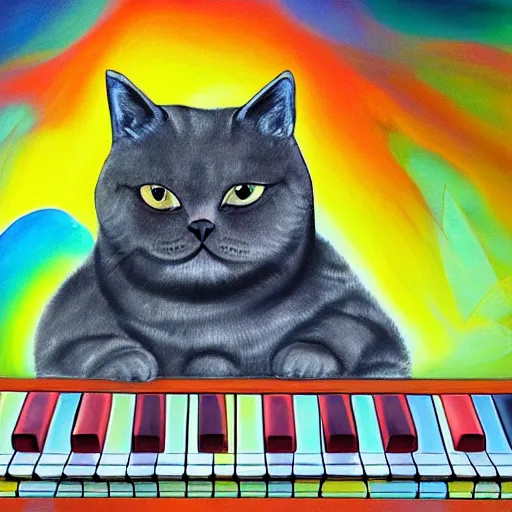 Image similar to claudia sanchez colorful cat art portrait of a grey british shorthair cat sitting on wavy abstract piano keys with musical notes in the background detailed luminescent magical realism painting of 4 k