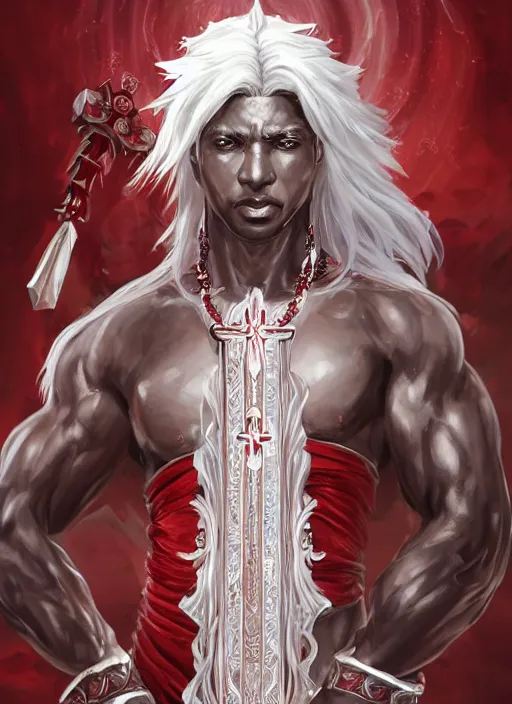 Prompt: a highly detailed illustration of white haired african priest, wearing cross on robe, wielding red blades made of blood, evil standing smiling pose, blood flowing around him background, muscular, intricate, elegant, highly detailed, centered, digital painting, artstation, concept art, smooth, sharp focus, league of legends concept art, WLOP