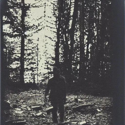 Prompt: a tarkovsky style polaroid photo of a real life bigfoot