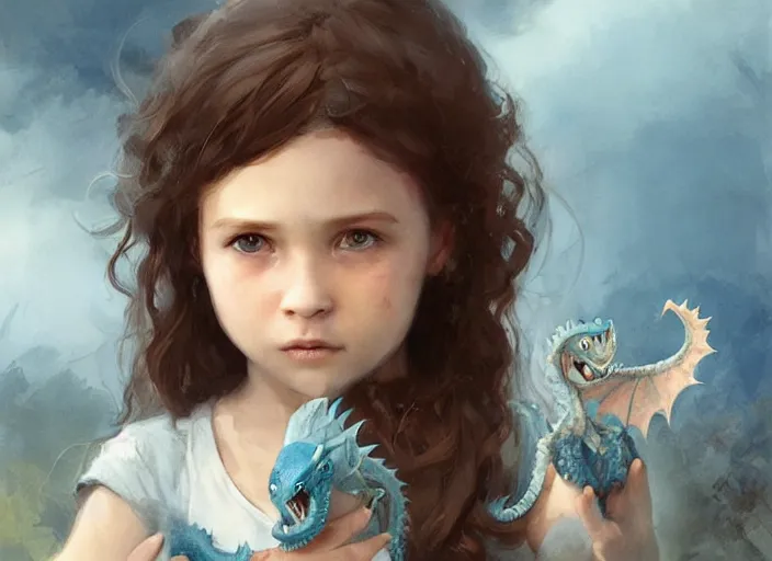 Prompt: a cute little girl with curly brown hair and blue eyes holding a blue baby dragon, beautiful fantasy art by greg rutkowski.