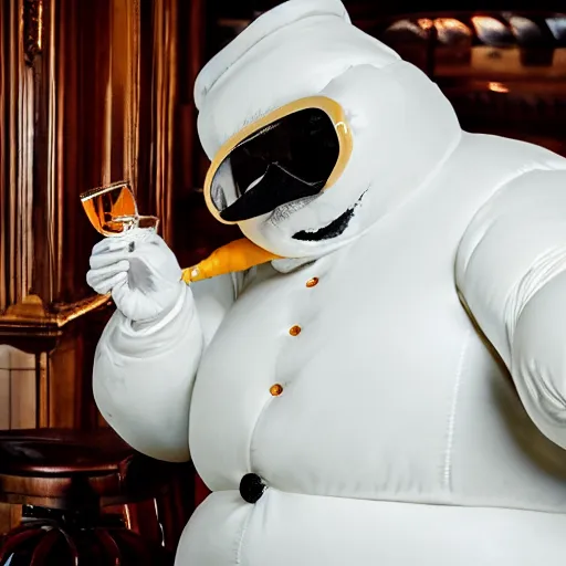 Image similar to cinematic photo of a taxidermied michelin man drinking a scotch on the rocks in a fancy old fashioned smoking room