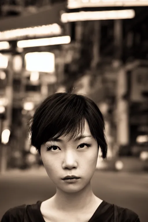 Prompt: a beautiful gorgeous Japanese edgy model girl with short hair, she's sad, sunset, street of Hong Kong, 80mm lens, 1.2 aperture, grainy image, close up, cinematic light, very detailed, depressing atmosphere, cover magazine