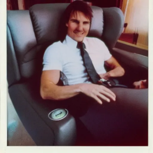 Image similar to Polaroid of Tom Cruise sitting in recliner with remote control 1983