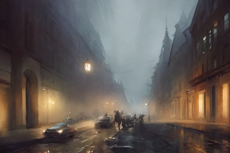 Prompt: watercolor painting of street at finlandhelsinkii, ambient lighting and shadows, fog, wonderful masterpiece by greg rutkowski, cinematic light