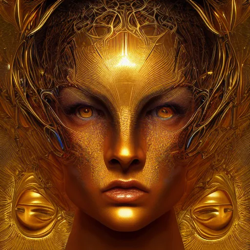 Image similar to a beautiful symmetrical face made of golden ornaments by alex gray and android jones , Karol Bak, Ayami Kojima, Amano , 3D, 8k resolution