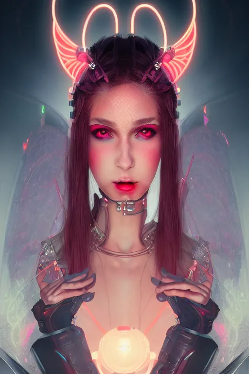 Image similar to portrait futuristic Devil Girl with horns and wings, in future cyberpunk tokyo rooftop , ssci-fi, fantasy, intricate, very very beautiful, elegant, human anatomy, neon light, highly detailed, digital painting, artstation, concept art, smooth, sharp focus, illustration, art by tian zi and WLOP and alphonse mucha