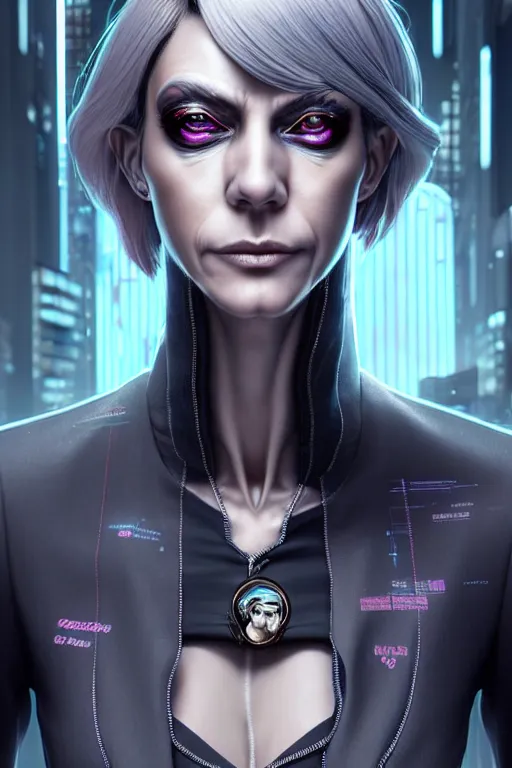 Image similar to hyperdetailed very close portrait of a european fourty years old skinny woman with grey eyes in a fabric suit with a pin in a cyberpunk city inspired by ross tran and wlop and masamune shirow and kuvshinov, concept art, intricate, photorealistic, octane render, rtx, hdr, unreal engine, dnd digital art by artgerm