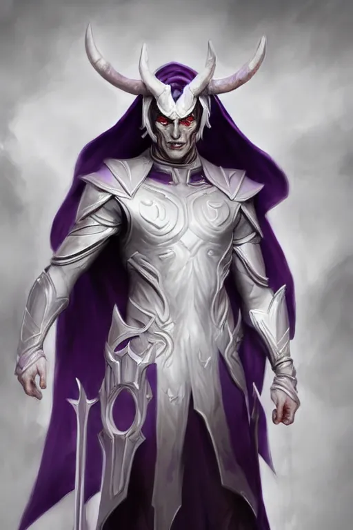 Image similar to human male demon, full body white purple cloak, hero, armor, character concept art, costume design, black eyes, white horns, trending on artstation, Artgerm , WLOP