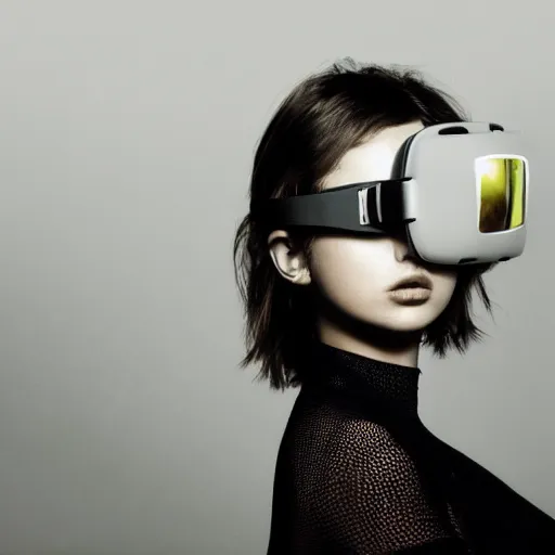 Prompt: photo of Ana de Armas, close up, wearing large solarpunk vr headset, white background, fine art photography in the style of Bill Henson