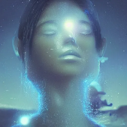 Prompt: sci - fi, close - up, 3 d, moon rays, night, sleepy fashion model face, clouds, cinematic, sun rays, vogue cover style, poster art, blue mood, realistic painting, intricate oil painting, high detail illustration, figurative art, multiple exposure, water, 3 d, by tooth wu and wlop and beeple and greg rutkowski