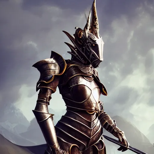 Prompt: highly detailed realistic stunning shot of a beautiful anthropomorphic female knight but as a dragon, doing a majestic and elegant pose, armor made of steel, sharp claws, HD octane render, epic cinematography, fantasy, Artstation, Deviantart, Furaffinity