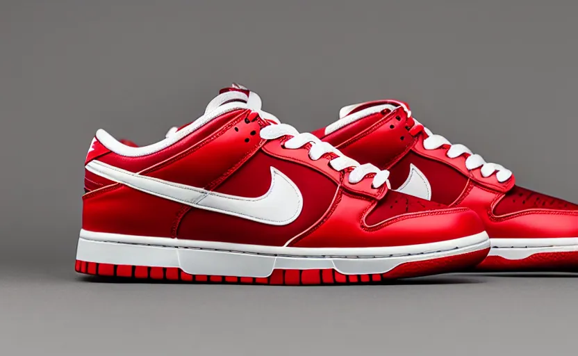 Prompt: a press photograph of nike dunk low red and white, size 1 0, white background