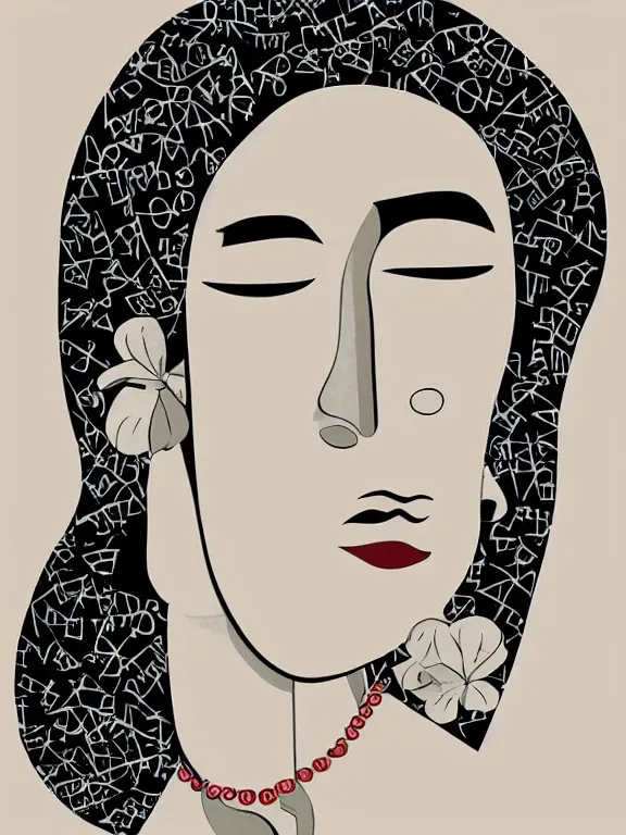 Prompt: the 2022 Brazilian Modern Art Week poster. The poster style is modernism and the details are minimal. The poster features a black and white image of a woman's face. The woman has her hair pulled back in a bun and she is wearing a pearl necklace. Her expression is one of contentment and serenity. The background of the poster is a light beige color. At the bottom of the poster, in white lettering, is the text Modern Art Week - 2022, designed by Francisco de Goya