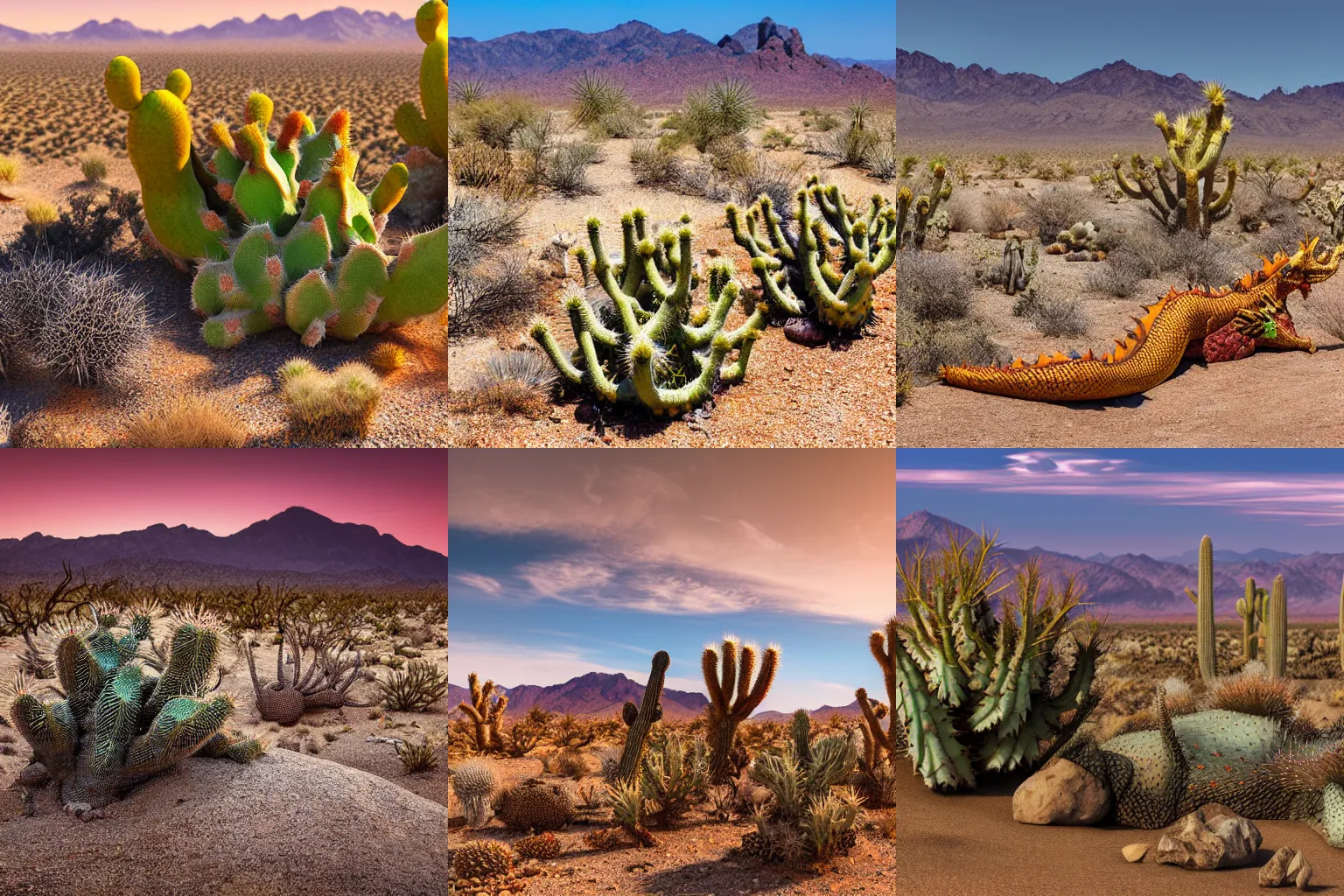 Prompt: dragon sleeping on the ground in the mojave desert. cholla and prickly pear cactus. rocky ground with mountains on the horizon. photorealistic. highly detailed. 4 k.