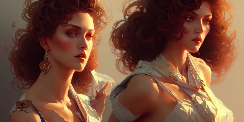 Image similar to a 1 9 8 0 s female glamorous model, highly detailed, digital painting, artstation, concept art, matte, sharp focus, illustration, art by artgerm and greg rutkowski and alphonse mucha