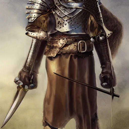 Image similar to portrait photograph of a medieval warrior from koingation, human with wolf ears and a wolf tail, holding an arming sword wearing light leather armor, fantasy character design, hyper realistic
