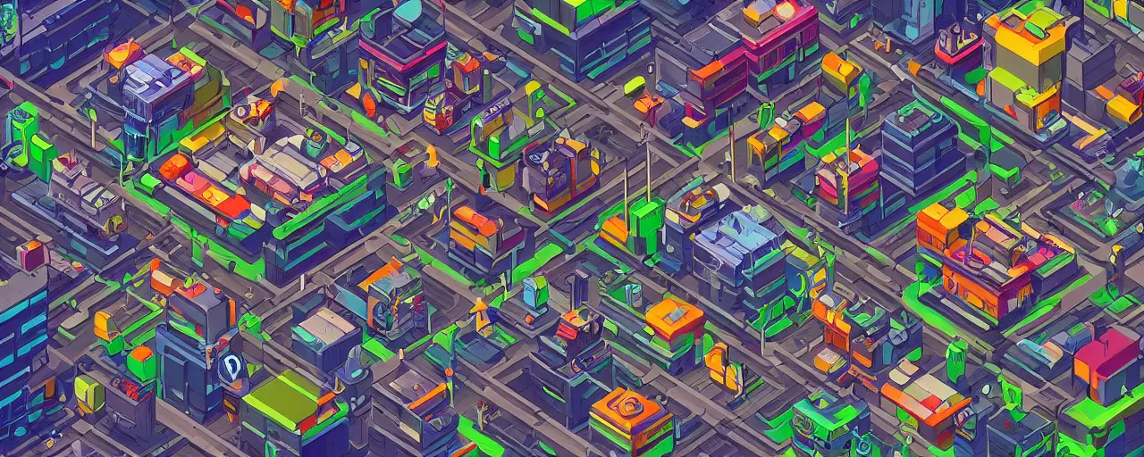 Image similar to cyberpunk isometric city scene