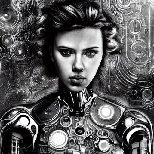 Prompt: scarlett johansson as a intricately detailed mechanical robot, black and white, dynamic angle, pencil and ink manga, elegant, highly detailed, dramatic lighting