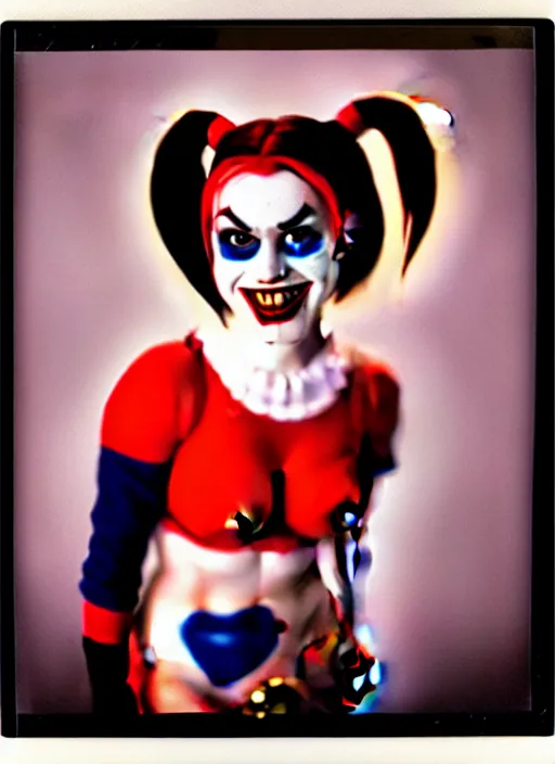 Image similar to kodak portra 4 0 0 of wendy's mascot wendy thomas as harley quinn, nostalgia filter 8 k, soft light, volumetric lighting, highly detailed, 1 5 0 mm lens, polaroid, photo realistic skin, backlit texture