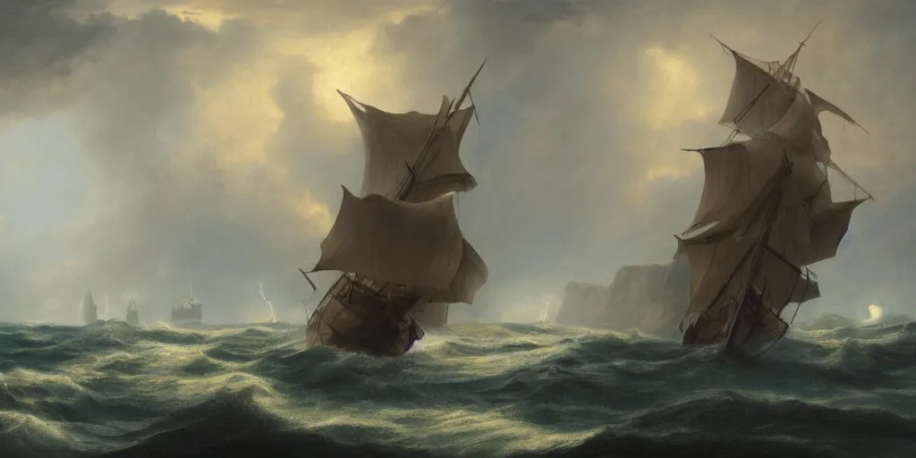 Image similar to a sail powered pirateship sailing through a powerful lighting storm, cliffs can be seen in the background, in the style of hudson river school, trending on art station, done in all blues