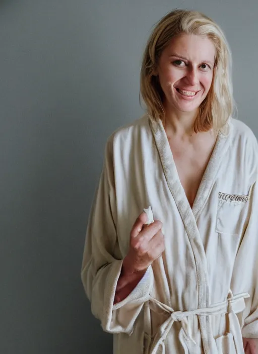 Image similar to homely but adorable blonde woman, healed scars and scratches across left cheek, wearyworn but optimistic expression, wearing beige pajamas and robes