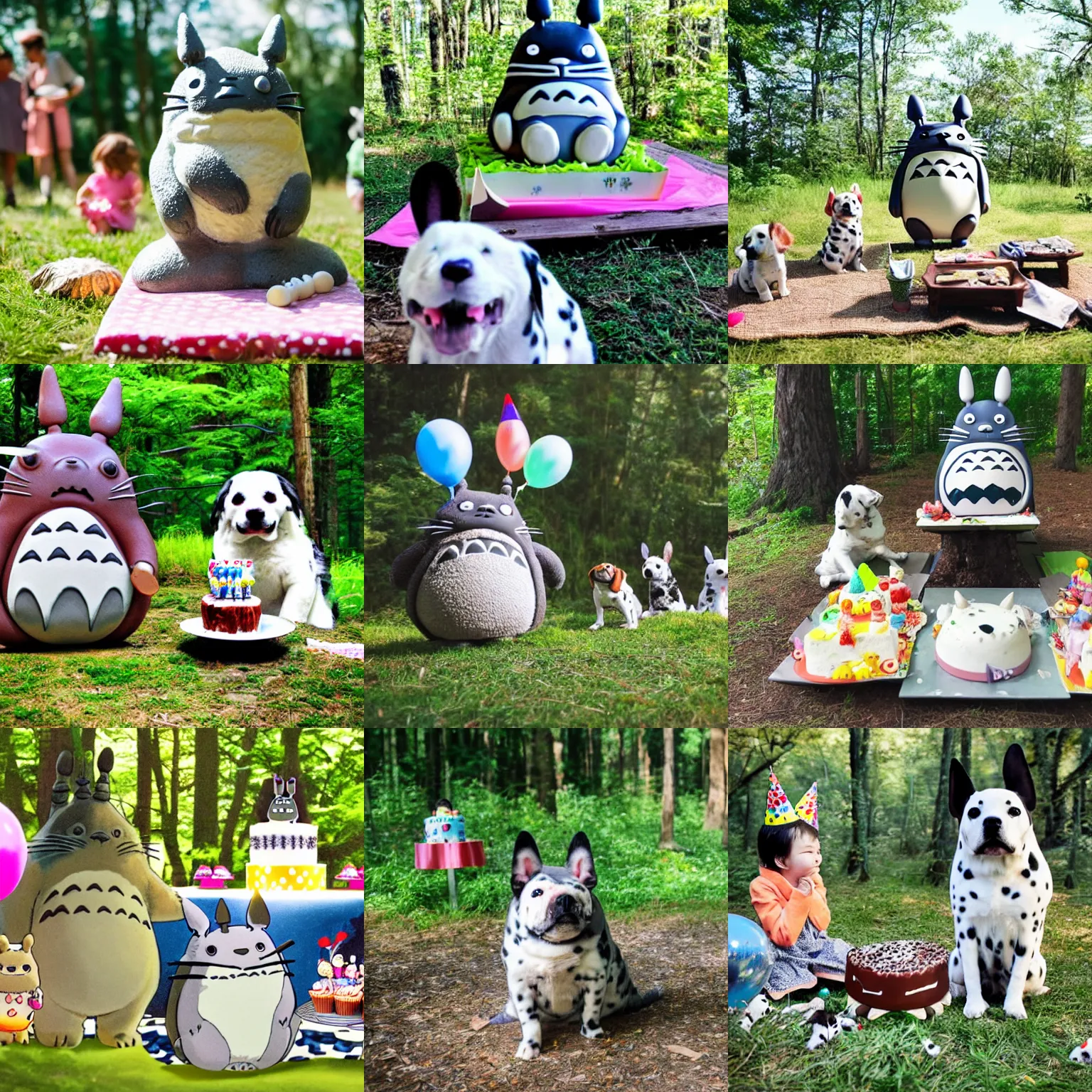 Prompt: wide shot of totoro at a birthday party, forest picnic, sunny, a dalmatian puppy