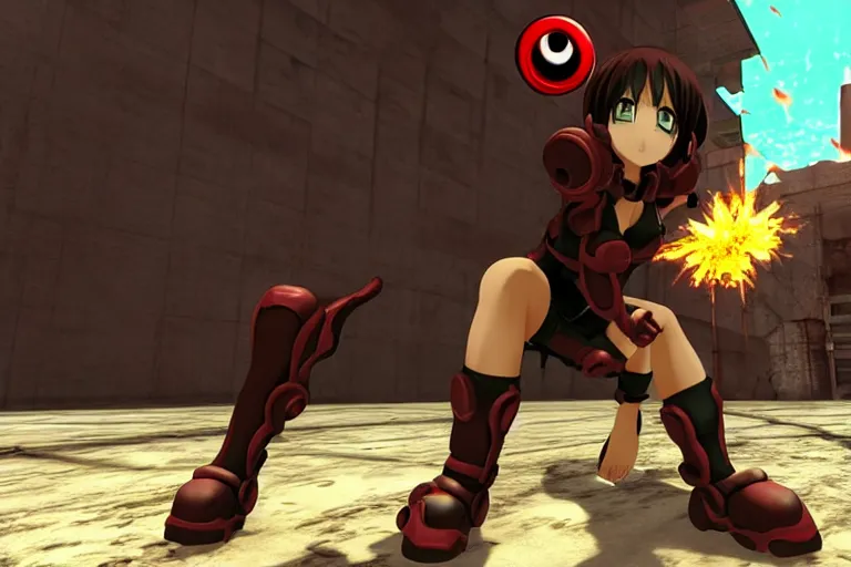 Image similar to an anime girl in a screenshot of the video game doom, the anime girl is crouching