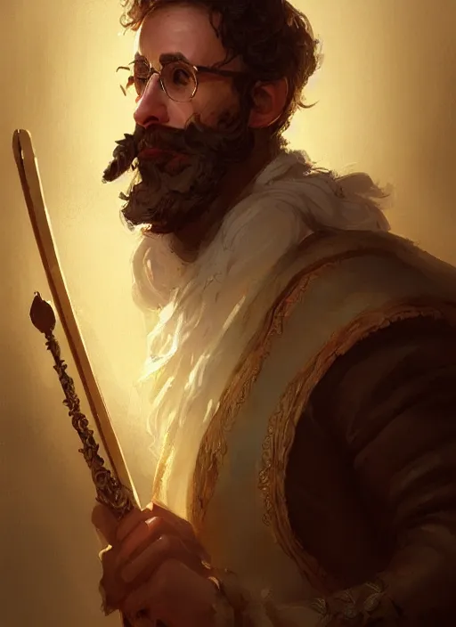 Image similar to illustration of rick moranis as a bard dressed in renaissance clothing with a big beard, by greg rutkowski artstation