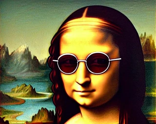 Prompt: a girl who looks like the mona lisa, going out for coffee wearing sweatpants and sunglasses, painting in the style of the mona lisa, by cameldeath