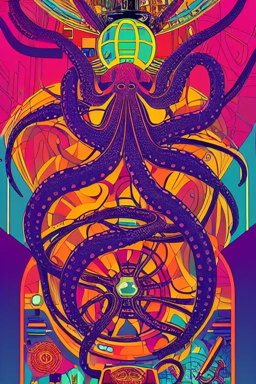 Image similar to a 6 0 s art deco octopus with the interior of an international space station fuill of electronic equipment, poster art by milton glaser, kilian eng, moebius, behance contest winner, psychedelic art, concert poster, poster art, maximalist