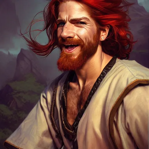 Image similar to portrait of a young ruggedly handsome but joyful pirate, male, masculine, upper body, red hair, long hair, d & d, fantasy, piercing gaze, sharp features, intricate, elegant, highly detailed, digital painting, artstation, concept art, matte, sharp focus, illustration, art by artgerm and greg rutkowski and alphonse mucha