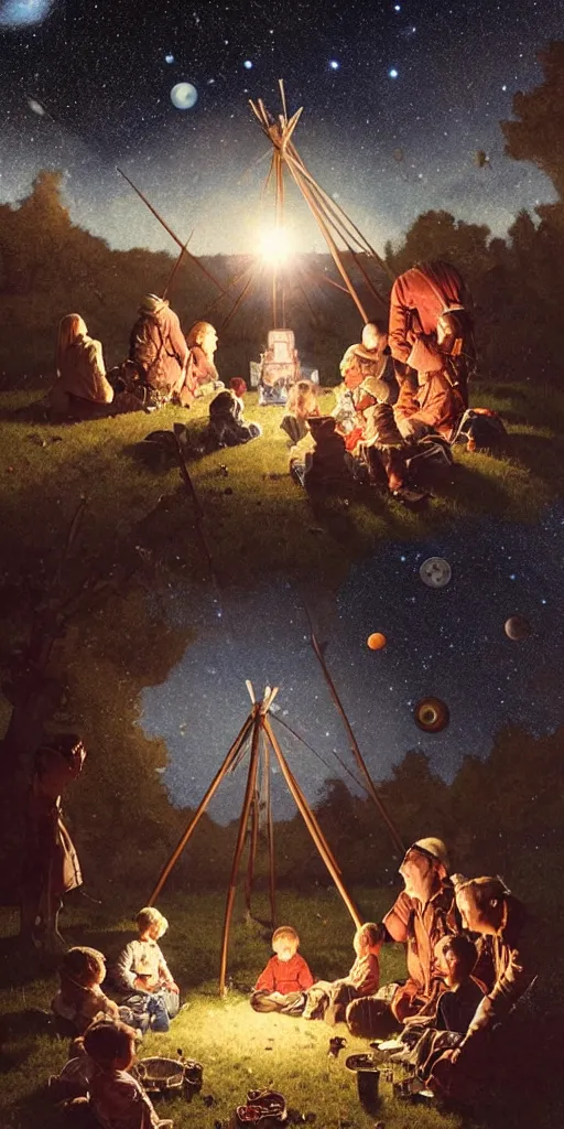 Image similar to a mother a father and 8 children sitting in front of a tipi and seeing the universe full of galaxies and planets, imagination, part by norman rockwell, part by greg rutkowski, part by mattias adolfsson, high angle, ( ( ( ( volumetric lighting ) ) ) ), oil on canvas