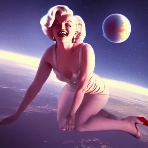 Image similar to surreal marilyn monroe in space, hands around, starship, octane render, trending on artstation, greg rutkowski, cinematic, hyper realism, high detail, octane render, 8k, iridescent accents