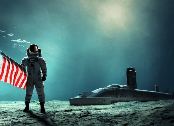 Image similar to astronaut holding a flag in an underwater desert. a submarine is visible in the distance. dark, concept art, cinematic, dramatic, atmospheric, 8 k, trending on artstation, blue, fish, low visibility, fog, ocean floor, christopher nolan, interstellar