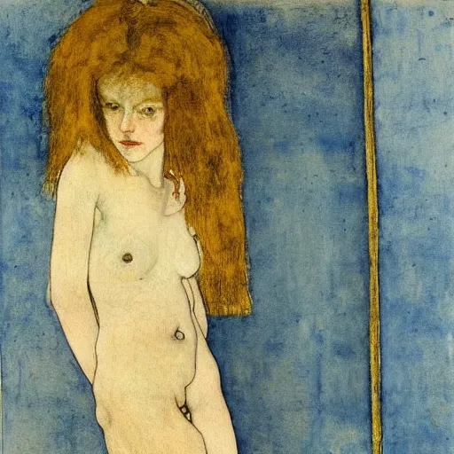 Prompt: close up of a girl in a blue and gold haunted liminal abandoned room, watercolor by schiele, by hammershøi, art noveau, highly detailed, lights by edward hopper, liminal, eerie, bright pastel colors