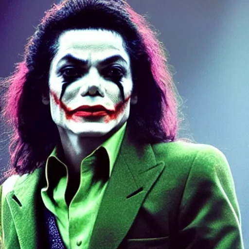 Image similar to stunning awe inspiring michael jackson as the joker, movie still 8 k hdr atmospheric lighting