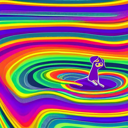 Prompt: space Dachshund floating of away from the earth, complex wavy rainbow lines, particles and distortion, in the style of Ori Toor