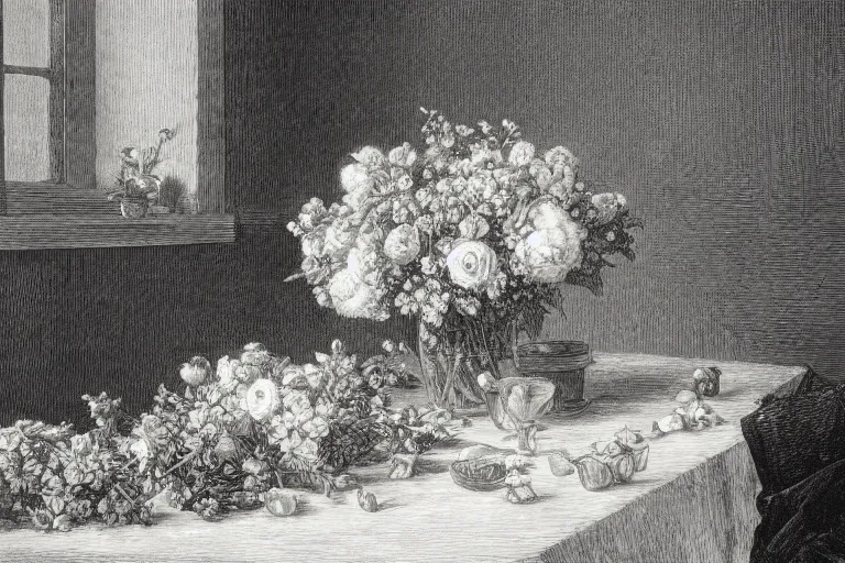 Prompt: black and white, flower bouquet at table in the dinner room, soft light, Gustave Dore lithography