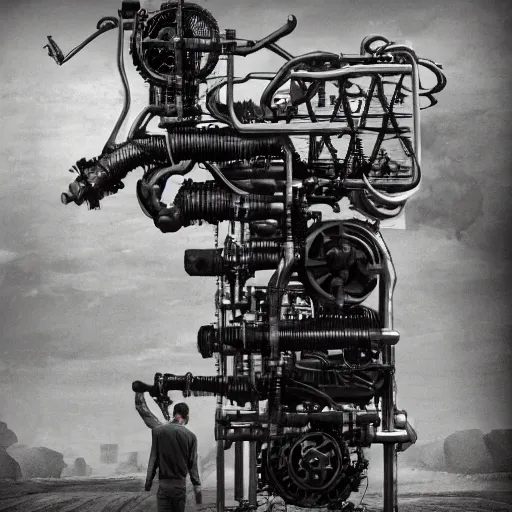 Image similar to a man with engines growing out of his back, man engine, man and machine