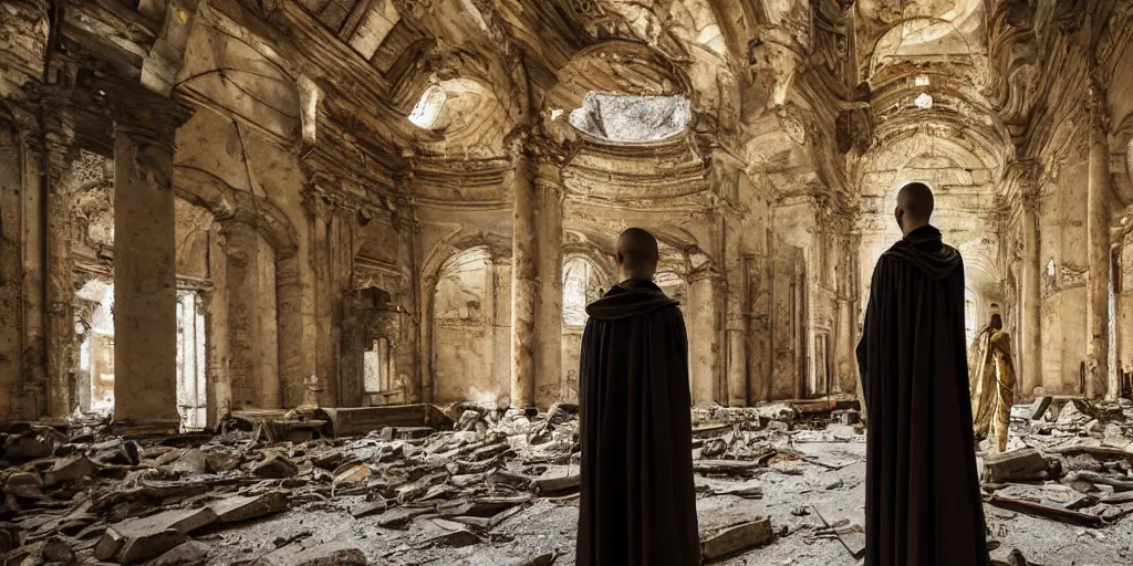 Image similar to gloomy photo of biopunk monk standing inside ruined catholic cathedral interiors with walls painted in khokhloma style, gold and black, wide angle, 24mm, 8k resolution, detailed, very beautiful, award winning, matte painting